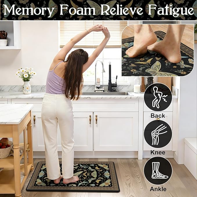 Yinhua Kitchen Rugs Sets of 2, Black Insect Kitchen Rugs Non Slip Washable, Farmhouse Anti Fatigue Mats for Kitchen Floor, PVC Waterproof Rug for Spring Summer, 18"x30"+18"x48"