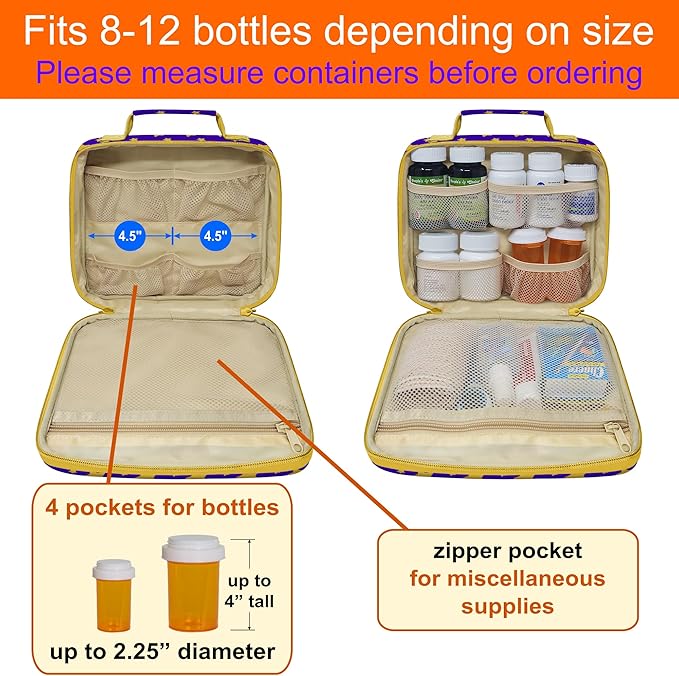 Medium Travel Pill Bottle Organizer, Child Medicine Bag with Zipper Toy, Carrier for Kids Medications and Medical Supplies - Yellow Stars