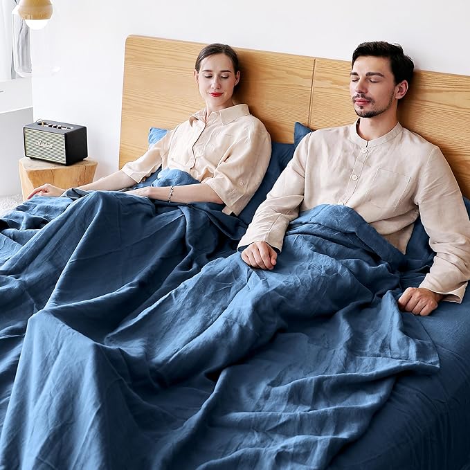 Simple&Opulence Belgian Linen Sheet Set Solid Color - 3 Pieces (1 Flat Sheet, 1 Fitted Sheet & 1 Pillowcase) Natural Flax Cotton Blend Soft Breathable Farmhouse Bedding - Twin Size, Classic Blue