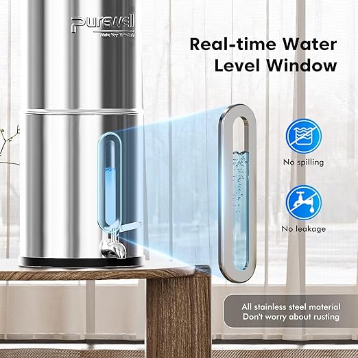 Purewell Upgraded 9-Stage Gravity Water Filter System with Water Level Window, 0.01μm Ultra-Filtration Countertop System with 2 Filters and Stand, Reduce Fluoride & Chlorine, 2.25G, PW-FH-CF