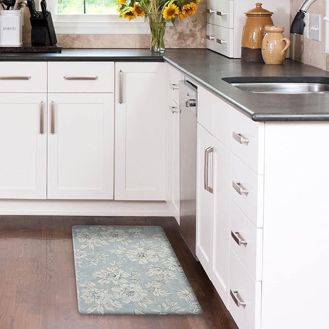 Laura Ashley - Anti-Fatigue Kitchen Mat, Iris Floral Design, Stain, Water & Fade Resistant, Cooking & Standing Relief, Non-Slip Backing, Measures 17.5" x 32", Light Blue Iris
