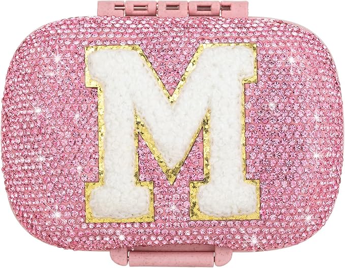 Cute Pill Organizer Small Bling Pill Case for Purse Medicine Vitamin Container Holder Daily Pill Box Container for Women Travel Medicine Kit(Letter M Pink)