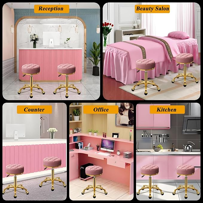 Rolling Stool Gold Vanity Stool with Wheels, Pedicure Massage Roller Stools, PU Leather Round Swivel Salon Spa Chair, Titanium Gold Base, Height Adjustable 43-55 cm (Pink)