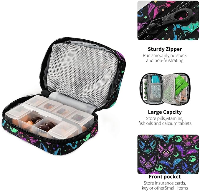 Travel Pill Organizer Bag Weekly Pill Organizer Case Bats Moons and Stars Portable Small Daily Pill Boxes for Vitamin Fish Oils Supplement Holder with Zipper Compact Size