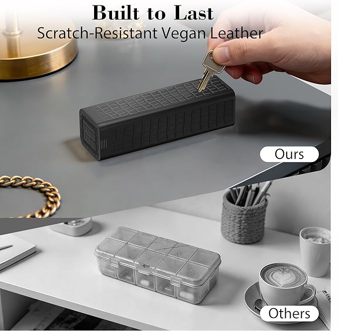 Weekly Pill Organizer 7 Day, Discreet Leather Pill Case for Purse or Pocket, Easy Slide-Out Daily Medication Planner, 1 Time a Day Travel Vitamin and Supplement Holder (Black)