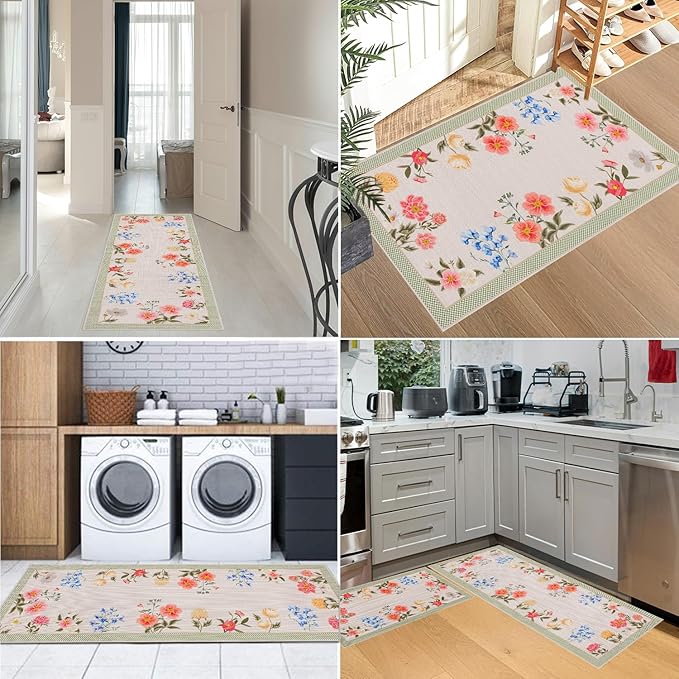 Pink Floral Kitchen Mats Set of 2, Boho Flower Kitchen Rugs Non-Slip Washable, Spring Home Decor Low-Profile Kitchen Mat for Floor Sink Laundry 17x30 and 17x47 Inch