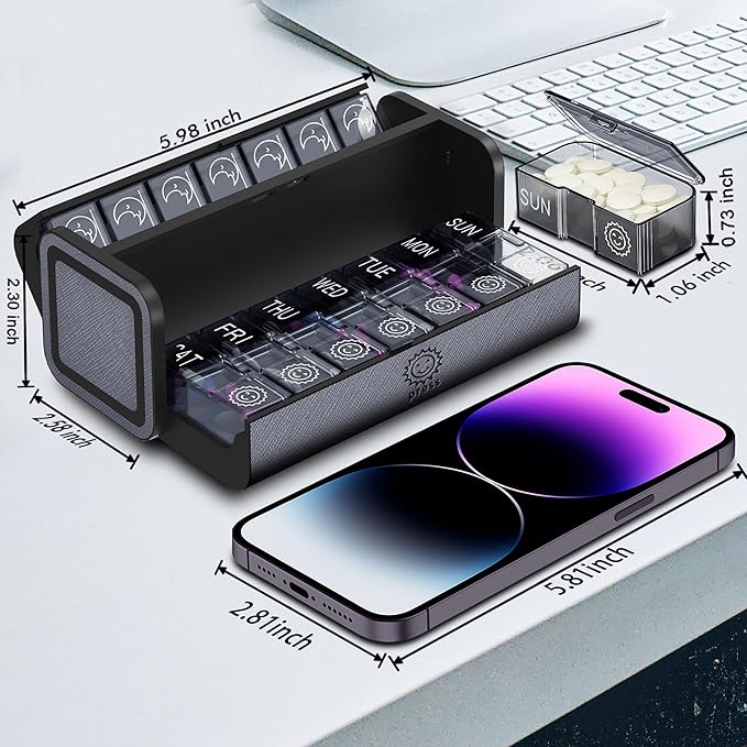 Pill Organizer 7 Day，Daily Am Pm Pills Box，Weekly Travel Medicine Container Case，Portable Leather Vitamins Private Planner Holder，Cute and Compact Supplements Sorter Holder (Silver Gray)