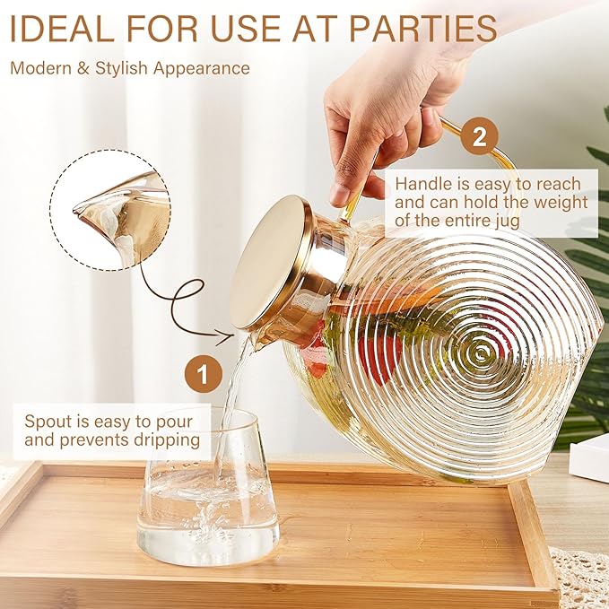 OneDream Glass Pitcher with Lids for Fridge Door, 2.5l/84oz Large Iced Tea Pitcher with Handle, Borosilicate Water Jug for Sun Tea, Fruit Juice, Drinks, Lemonade, Cold or Hot Beverages, Champagne