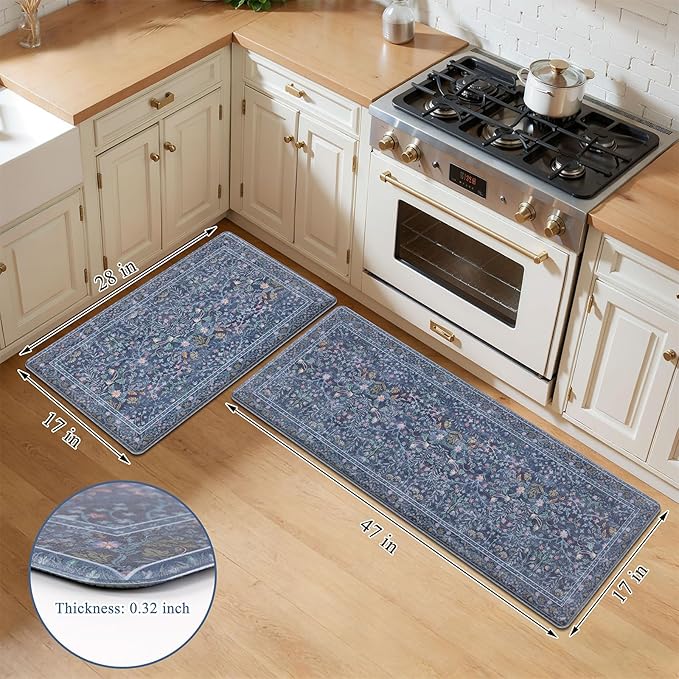 U'Artlines Double-Sided Kitchen Rugs Set of 2,Kitchen Anti Fatigue Mats Non Slip Padded Floor Standing Desk Mat,PVC Waterproof & Stain Resistant Carpet Blue Floral Rugs for Laundry Room Office Sink