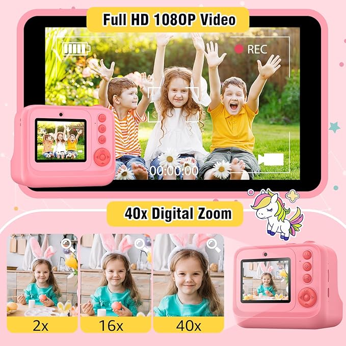 Instant Print Camera for Kids Age 3-12 Girls Boys 1080P HD Digital Video Cameras with 5 Print Paper & 32G Card Toddler Portable Travel Toys Camera for Christmas Birthday Gifts