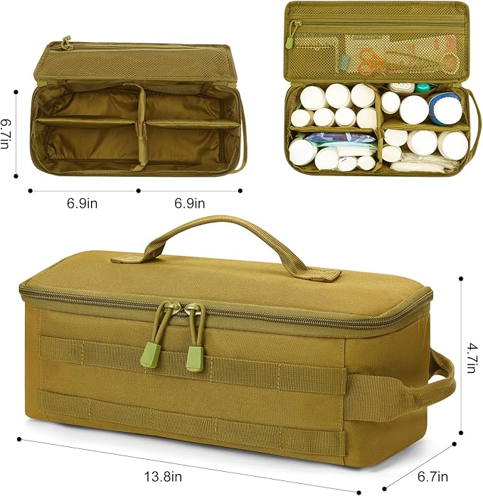 First Aid Bag Empty Pill Box Organizer,Tactical Medical Bag Case,Portable EDC Travel Medicine Pill Bottle Organizer (Brown)