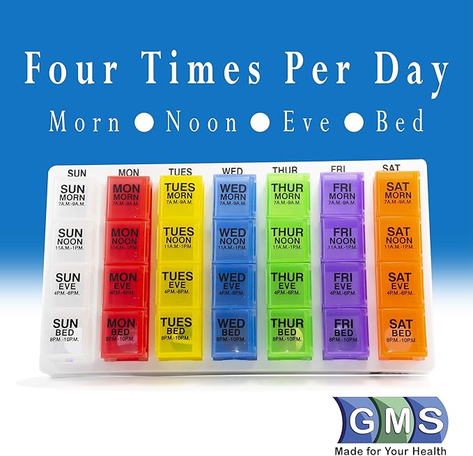 GMS 7 Day Pill Organizer Tray - Large with Removable Daily Pill Boxes with 4 Compartments Each for Storing and Organizing Prescriptions and Other Meds - Rainbow