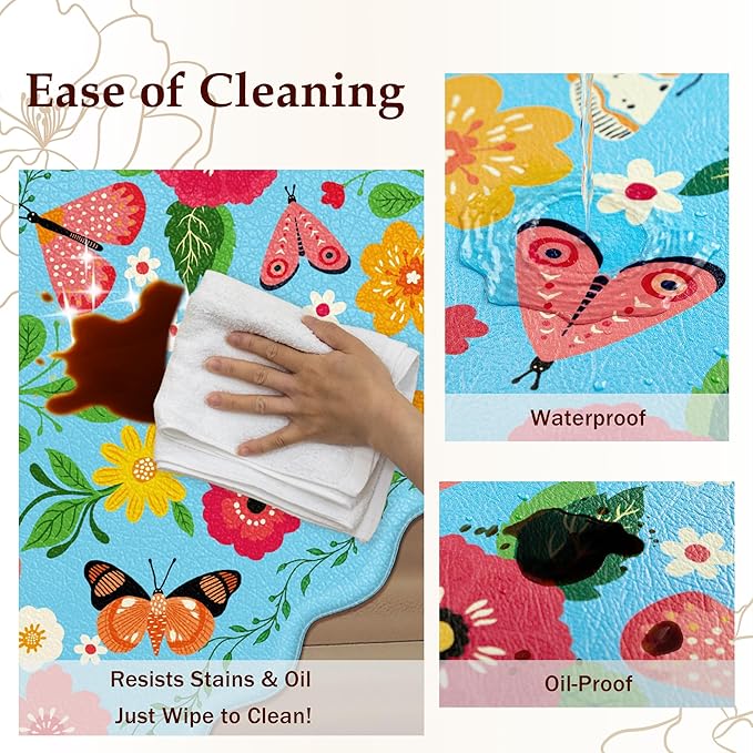 Scalloped Blue Kitchen Mats for Floor 2PC Cushioned Anti Fatigue Kitchen Mats Rugs Waterproof Non Slip Farmhouse Boho Floral Comfort Foam Standing Mat for Sink Laundry