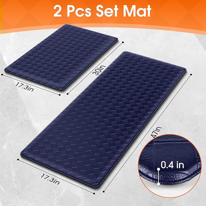 Kitchen Mats, 2PCS Kitchen Rugs, Cushioned Anti Fatigue Kitchen Mats for Floor, Non-Slip Standing Desk Mat, Waterproof Kitchen Rug Set for Kitchen, Floor, Office,17.3"×30"+17.3"×47",Blue
