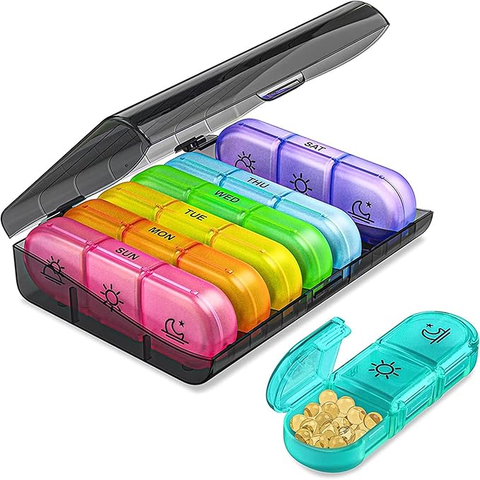SPRING SEAON Weekly Pill Organizer Travel Pill Case Vitamins Box for Pills 3 Times a Day Extra Large Capacity Durable Hinge Easy Open Lids Medicine Container (Black & Colorful Options)