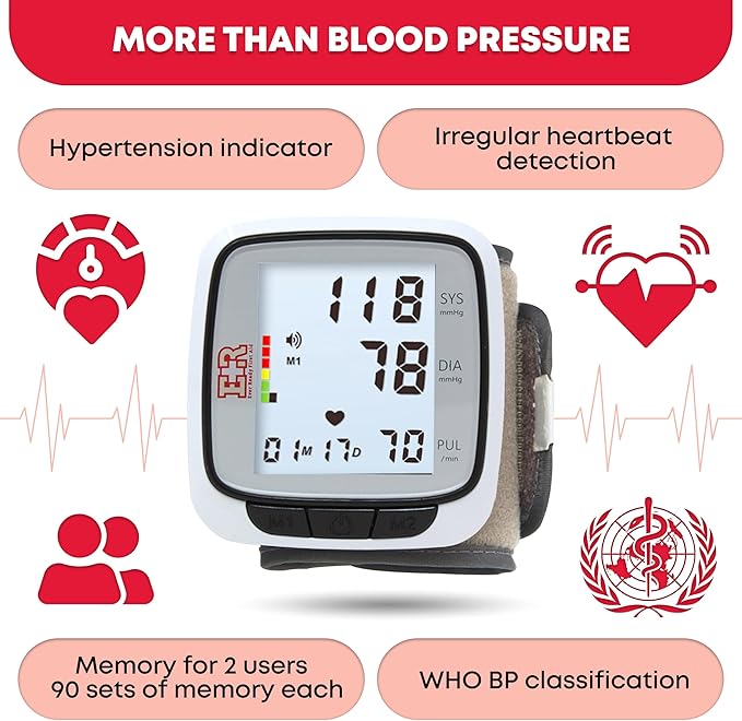 Ever Ready First Aid Fully Automatic Blood Pressure Wrist Cuff Watch Wearable Monitor for Home Use - Black- Batteries Included