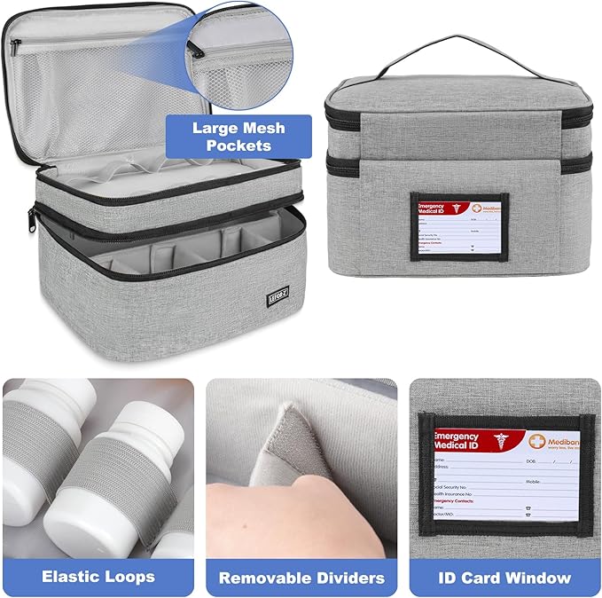 Medicine Storage Bag,Double Layers Pill Bottle Organizer Bag Empty with Lockable Zipper&Adjustable Divider,Medication Travel Carrying Bag for Pills,Vitamins,Medical Supplies,Grey