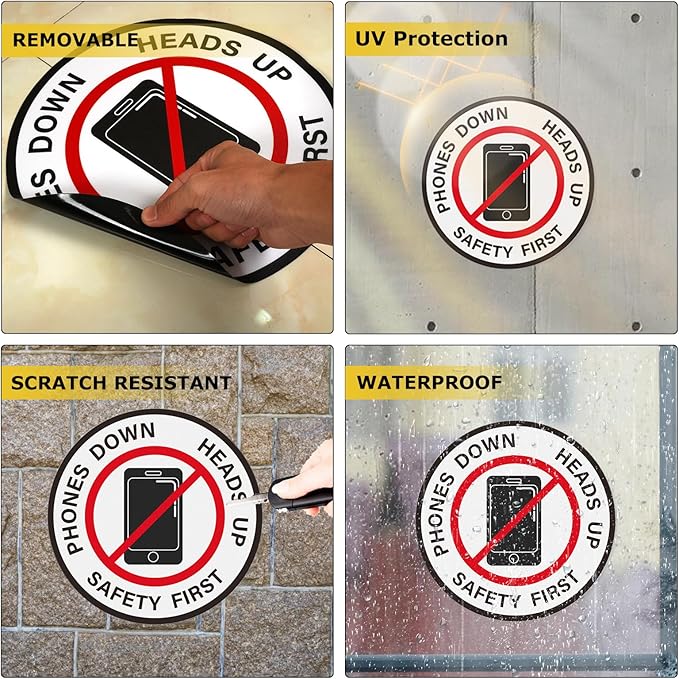 Phones Down Heads Up Stickers Vinyl 12 Inch Self-Adhesive Safety First Sign Waterproof Floor Decals for Office Warehouse 10 PCS