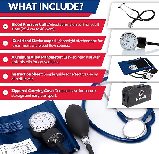 Dixie EMS Aneroid Sphygmomanometer and Dual Head Stethoscope Set with Adult Size Blood Pressure Cuff, Calibration Key and Carrying Case – Navy Blue