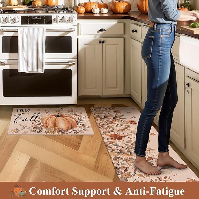 U'Artlines Fall Kitchen Rugs Sets of 2, Kitchen Mats Cushioned Anti Fatigue Printed on Both Sides, Autumn Pumpkin Flowers Comfort Desk Standing Rugs for Halloween Home Fall Decoration 17"x28"+17"x47"