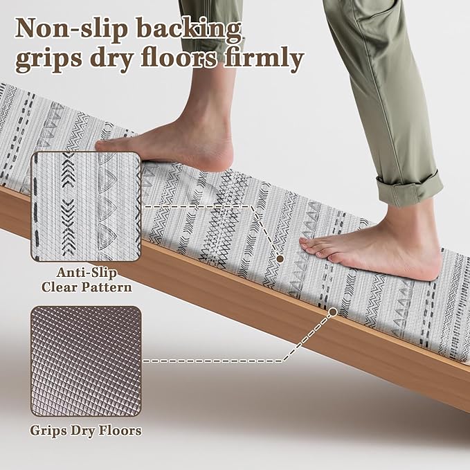 Arttown Boho Anti Fatigue Mats for Kitchen Floor, Moroccan Kitchen Mats Cushioned Anti Fatigue Rug, Waterproof Non-Slip Washable Kitchen Rugs - Gray