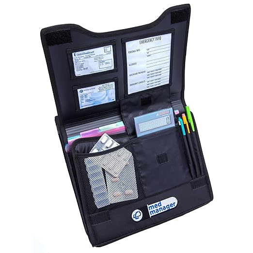 Med Manager Medicine Organizer and Binder, Removable Pouches, Detachable 5-Tab Expanding File Folder, Holds (15) Pill Bottles - (11) Standard Size and (4) Large Bottles, Black, 13 x 13 x 4.5 inches