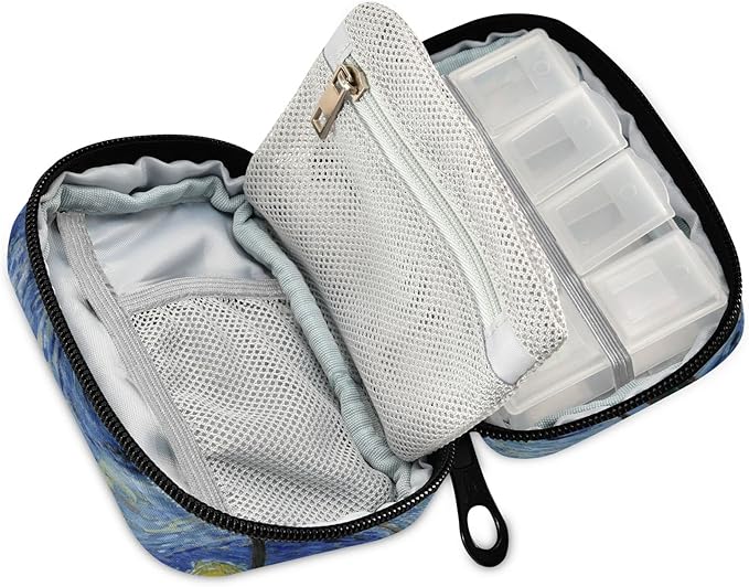 Pill Organizer Box Case Container Weekly Travel Daily 7 Day Pill Dispenser Sorter Vitamin Holder Medication Medicine Organizer Pill Case for Purse Small Compact Portable Cute Vangogh Star Sky