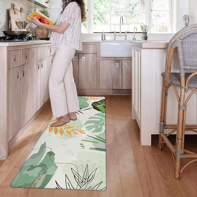 Homcomoda Kitchen Rugs Sets of 2 Cushioned Anti Fatigue Kitchen Mats Sets 2 Piece Kitchen Floor Mats Green Non Slip Waterproof Standing Mat for Kitchen,Sink,Office