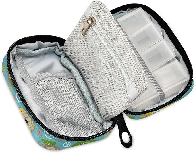 Pill Box Tiger Bear Monkey Cartoon 7 Day Pill Case Travel Pill Organizer Bag with Zipper Portable Weekly Vitamin Medicine Supplement Holder Pouch Bag