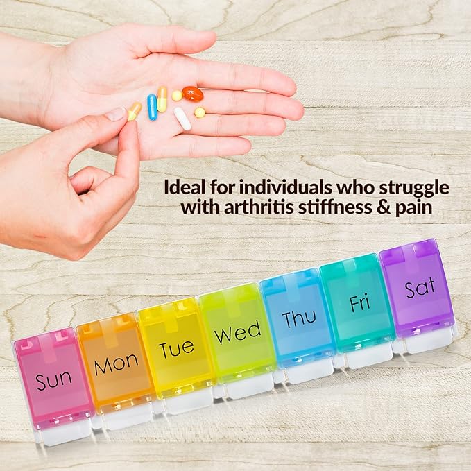 Weekly Pill Organizer - (Pack of 2) Colorful 7-Day Easy Push Button Assisted Open for Arthritis and Seniors, BPA Free, Daily Travel Pill Box Case Planner for Medication Vitamins Fish Oil Supplements