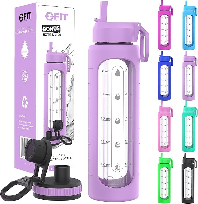 FIT Strong & Healthy 32 oz Glass Water Bottle with Straw Lid - Wide Mouth Borosilicate Glass Water Bottles with Time Marker, Silicone Sleeve & Extra Lid - 1L Large Motivational Drinking Bottle