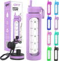 FIT Strong & Healthy 32 oz Glass Water Bottle with Straw Lid - Wide Mouth Borosilicate Glass Water Bottles with Time Marker, Silicone Sleeve & Extra Lid - 1L Large Motivational Drinking Bottle