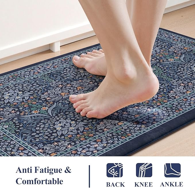 Collive Anti Fatigue Kitchen Mats, Cushioned Kitchen Rugs Set of 2 Waterproof Non Slip Desk Mat, Comfort Standing Rug Dark Blue Floral Carpet for Office, Sink, Laundry, 17.3"x29"+17.3"x47"