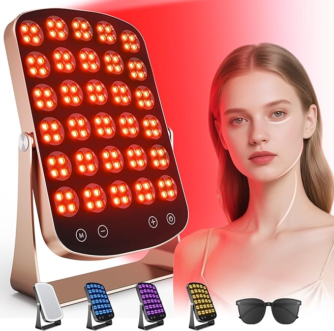 Red Light Therapy Panel, 460/590/660/850nm 4-Color Light Mode, 120 LEDs Facial Infrared Light Therapy Devices with Lighted Makeup Mirror, Timer, Portable Red Light Therapy for Face, Body, Pain Relief