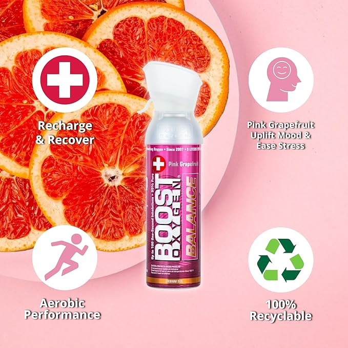 Boost Oxygen Medium Balance Pink Grapefruit Aroma 5L Canister | Respiratory Support for Aerobic Recovery, Altitude, Performance & Health (4 Pack)