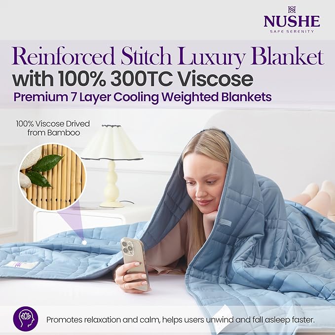 Weighted Blanket for Adults (15 lbs, 48”x72”, Blue) Twin Size. 100% 300TC Viscose, Derived from Bamboo-Premium 7 Layer Cooling Weighted Blankets. Breathable Blanket with travel bag & Machine Washable