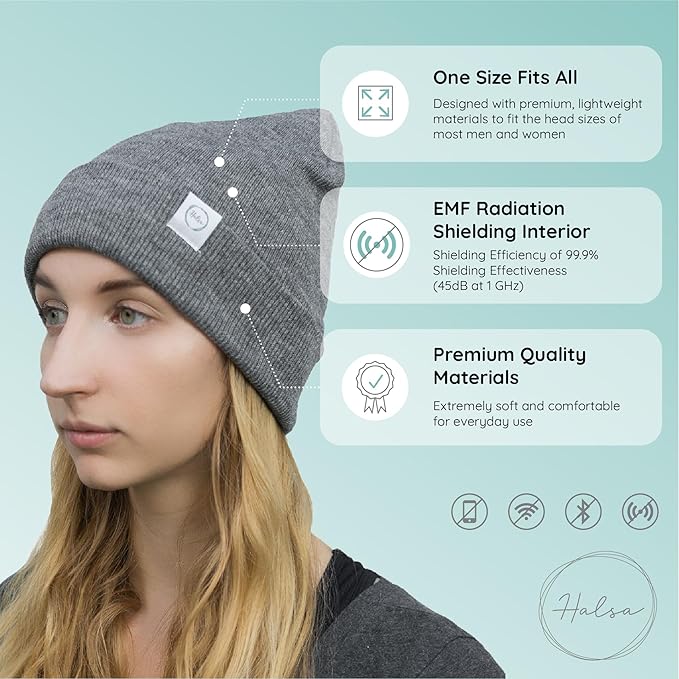Halsa EMF Protection Hat, Faraday Beanie. Anti Radiation, EMF RF Radiation Shielding Silver Fabric Lined.