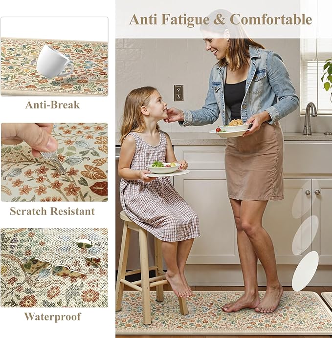 Collive Anti Fatigue Mats for Kitchen Floor, Waterproof Non Skid Kitchen Rugs Sets of 2 Beige Vintage Floral Rug, Foam Comfort Standing Mat for Office, Sink, Laundry