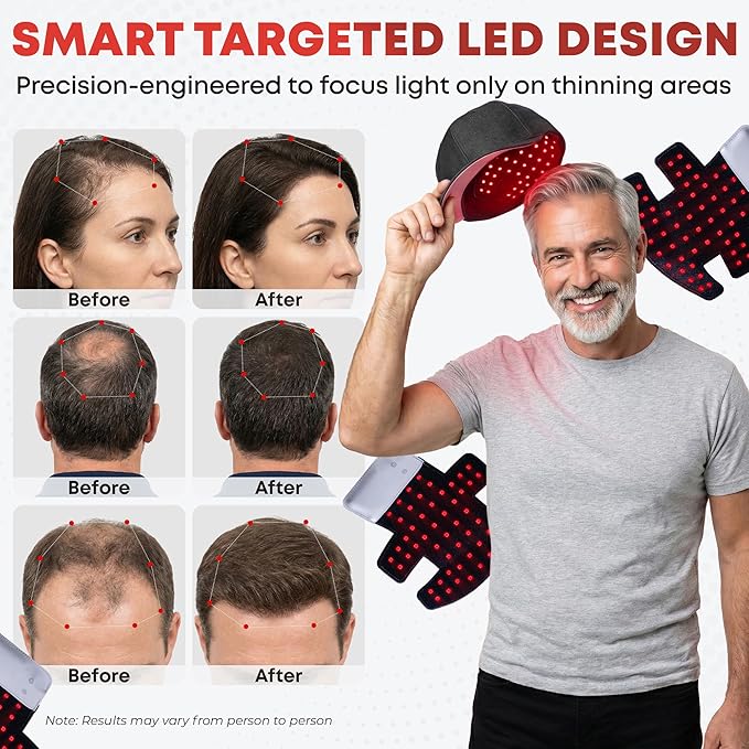 Cordless Red Light Therapy Hat/Cap for Hair & Scalp – Portable LED Hat with 4 Modes (Red, Blue, IR, Combo), Lightweight Irradiation Device for Men & Women at Home or Travel
