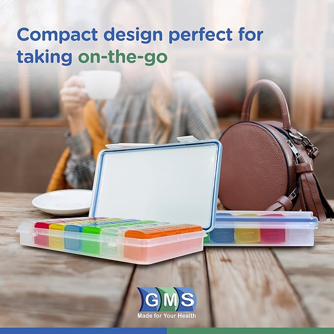 GMS 7-Day 4-Times-a-Day Pill Organizer - With Daily Removable Medication Containers - Suitable for Vitamin & Medicine Use, Secure, Sturdy, Waterproof Weekly Tablet Organizer, Ideal Pill Box for Travel