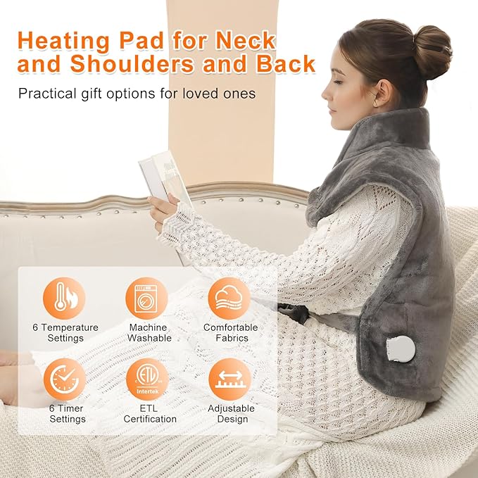 Heating Pad for Back Pain Relief Weighted Heating Pad for Neck and Shoulder Cramps 6 Heat Settings 6 Timers Auto Off Birthday Gifts for Women Men Mom Dad ETL Certified Gray