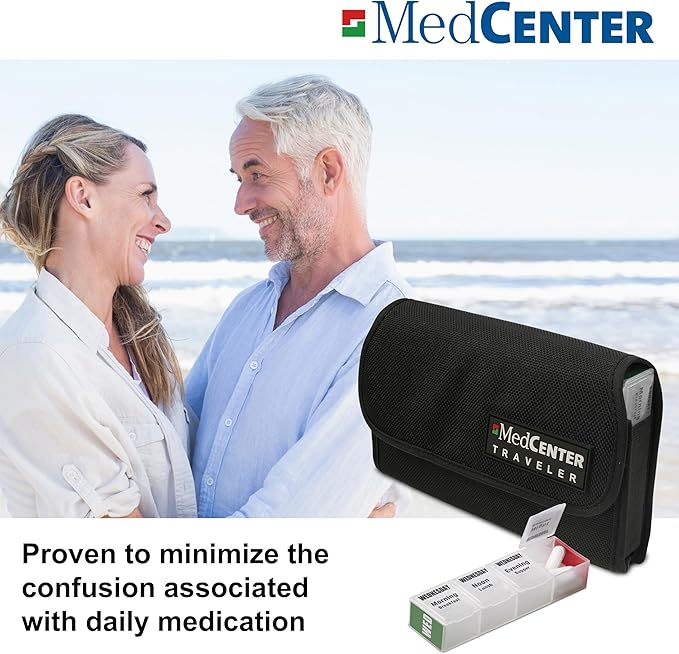 MEDCENTER Traveler 7 Day Pill Organizer HSA/FSA, Portable Travel Pill Case, Medication Organizer & Nylon Pill Container w/ 4 Daily Compartments, Standard Size