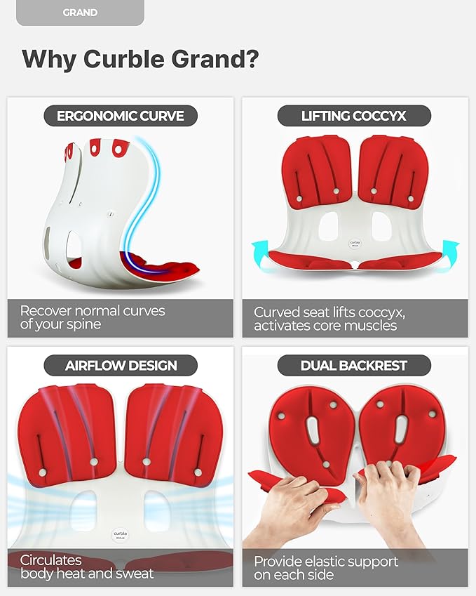 curble Grand(Extra Wide & Sturdy) – Ergonomic Back and Lumbar Support for Good Posture Correction and Back Pain Relief, Perfect for Office, Floor Seat, and Work from Home, Patented (Red)