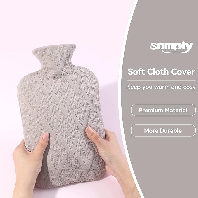 samply Hot Water Bottle with Cover, 2L Hot Water Bag for Hot and Cold Compress, Hand Feet Warmer, Neck and Shoulder Pain Relief, Grey