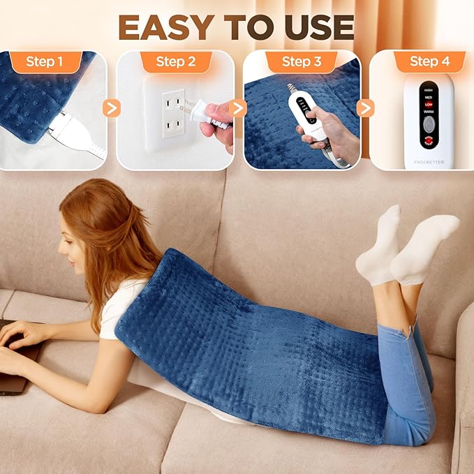17''x33'' XXXL King Size Heating Pad with 4 Temperature Settings & 2 Auto-Off Countdown Timers, Pain Relief for Back/Neck/Shoulders/Abdomen/Legs, for mom dad (Blue)