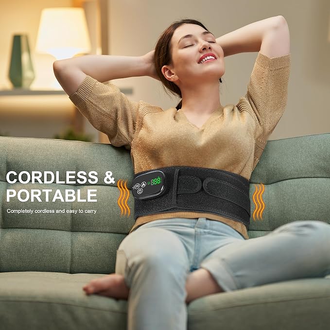 YUANBO Lower Back Heating Pad with Massager for Back Pain Relief, Cordless Heated Back Brace Vibration Wrap with 6 Heat & Timer, Heating Support Belt for Lumbar - Gifts for Mom & Dad