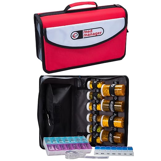 Med Manager by Case-It, Portable Pill Organizer Case, Travel Medication Bag, Holds Various Sized Pill Bottles, Great for Home Or Travel (Travel, Red)