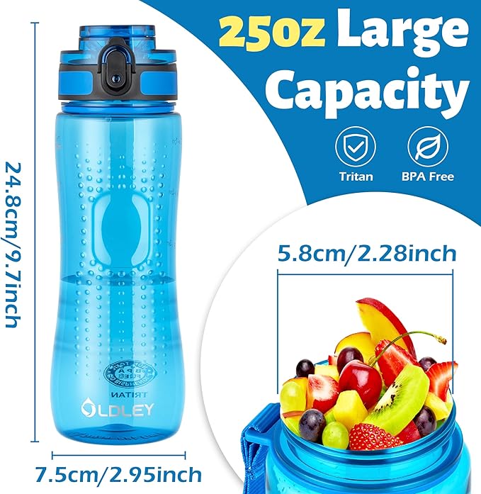 OLDLEY 25 oz Water Bottle, Motivational Water Bottle with Time Marker, Sports Water Bottle With Strap, Leakproof & BPA Free Large Water Bottles for School, Gym, Travel, Outdoor, Transparent-Blue