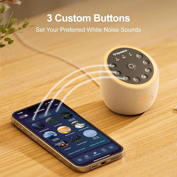 Santebee White Noise Sound Machine for Sleeping, 388 Soothing Sounds, Cocoon Pro 2 Smart APP Control, Custom Buttons Bedside Dimmable Alarm Clock Night Light, for Adults Baby Kids Lullaby