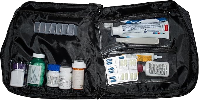 Large Medicine Bag Includes Pill Box and Removable Clear Bags, Prescription Bottle Organizer, Travel Carry Case, Standard Lock,12 x 10 x 2 Inch (Black)